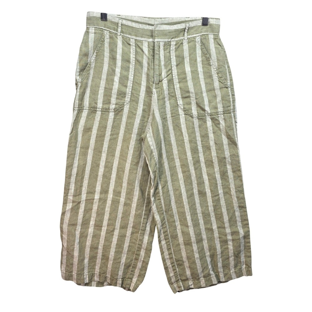 Lord and Taylor Pants Women 6P Striped Linen Wide Leg Crop Olive Green Lagenlook